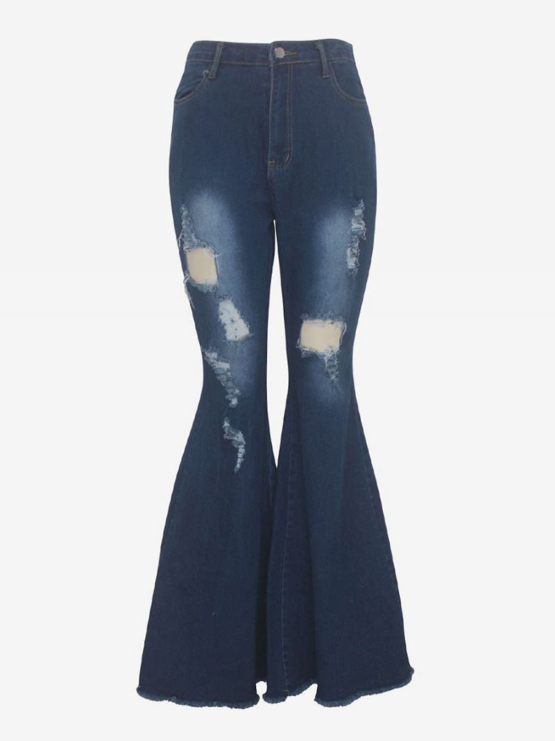 Flare Jeans Raw Edge Rasgado Cintura Alta Sino Bottoms Para Mulheres - Azul Profundo