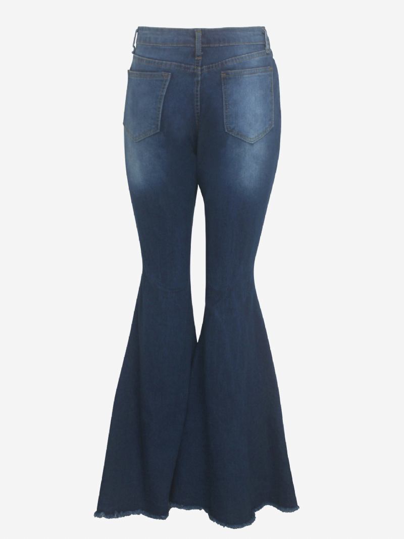 Flare Jeans Raw Edge Rasgado Cintura Alta Sino Bottoms Para Mulheres - Azul Profundo