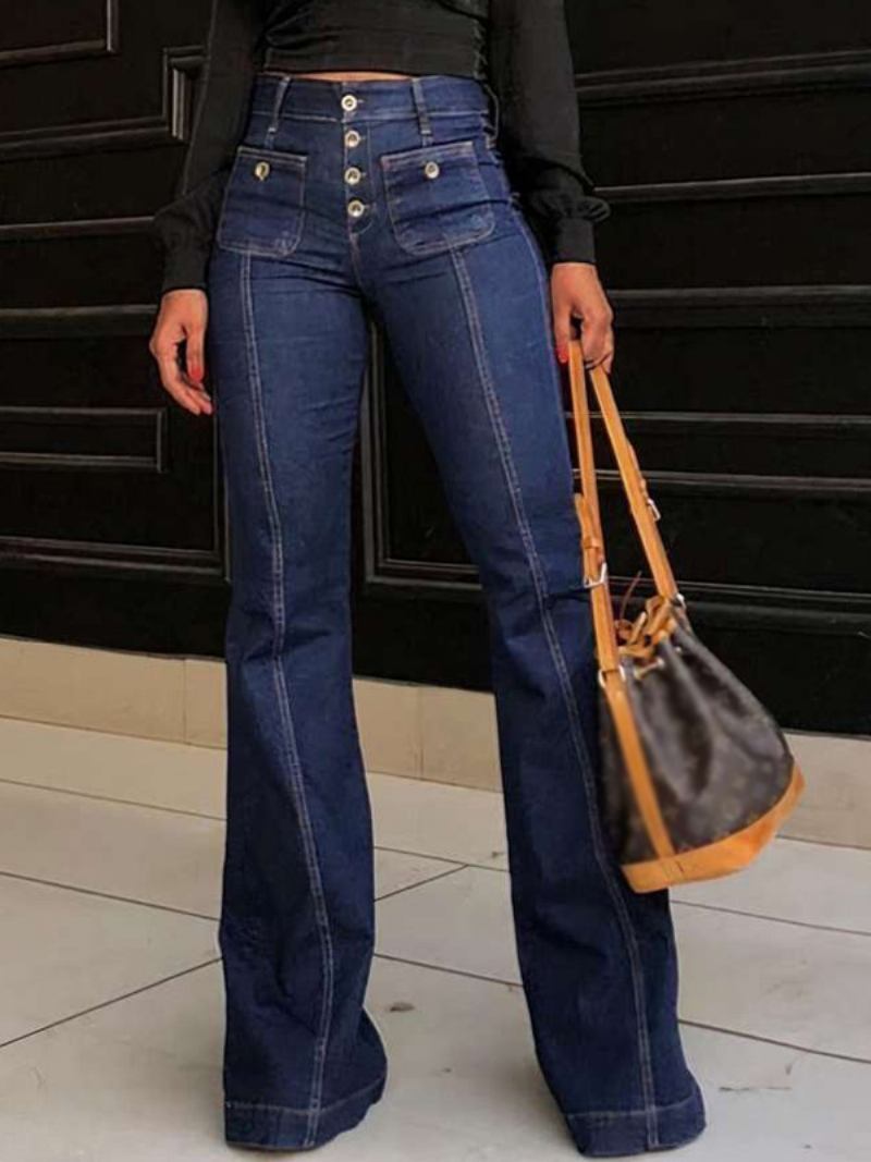 Jeans Femininos Cintura Alta Com Botões E Pernas Largas Charmosas - Azul Profundo