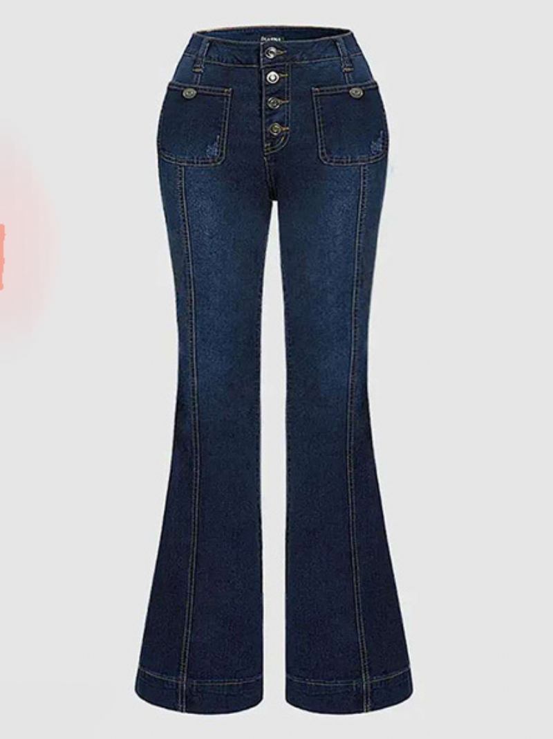 Jeans Femininos Cintura Alta Com Botões E Pernas Largas Charmosas - Azul Profundo