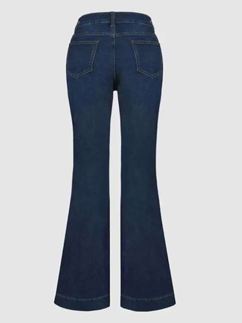 Jeans Femininos Cintura Alta Com Botões E Pernas Largas Charmosas - Azul Profundo