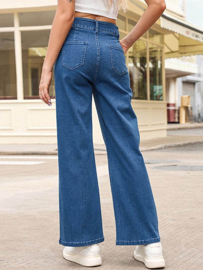 Jeans Femininos Cintura Alta Com Zíper E Botões Perna Larga Calças Casuais Diárias - Azul