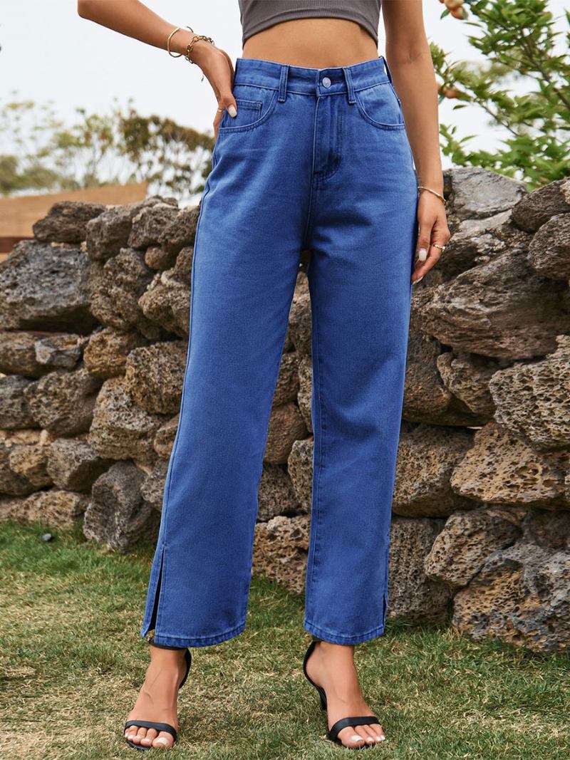 Jeans Femininos Cowboy Split Frente Levantada Cintura Bottoms -  Azul Profundo