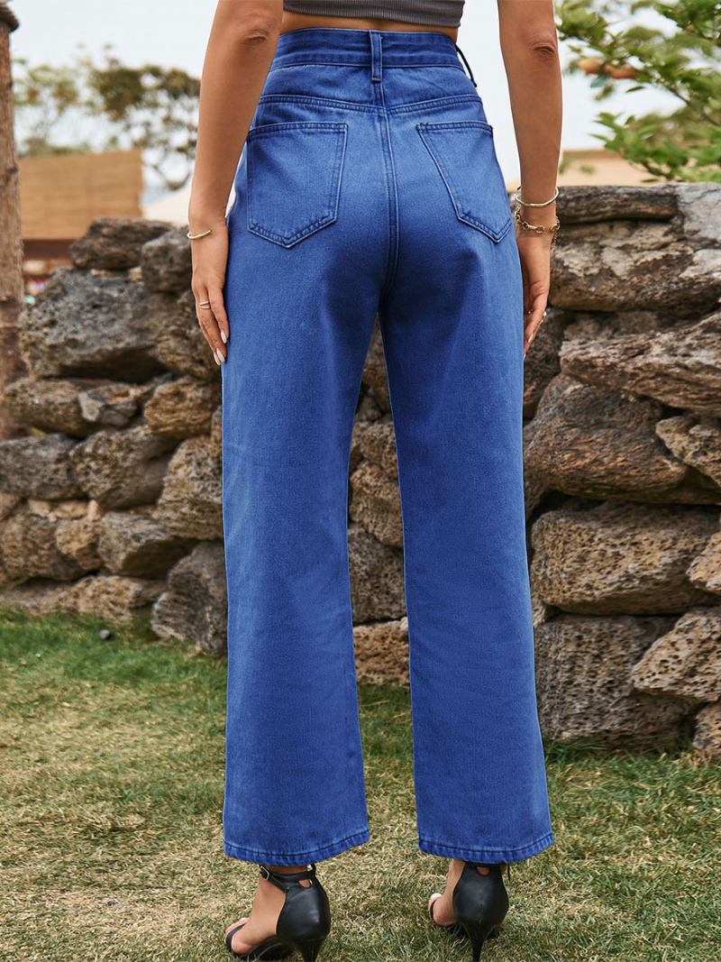 Jeans Femininos Cowboy Split Frente Levantada Cintura Bottoms -  Azul Profundo