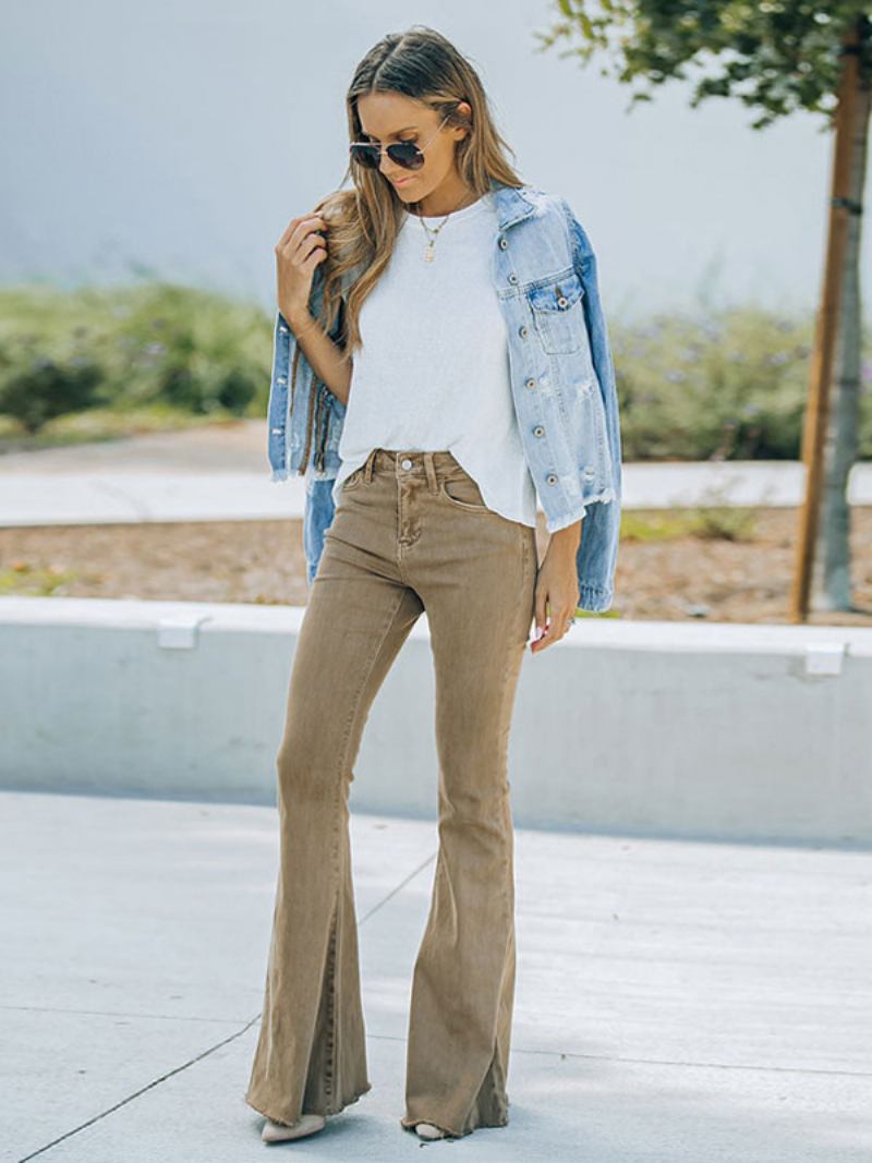 Jeans Flare Para Mulheres Camelo Algodão Primavera Sino Bottoms - Camelo