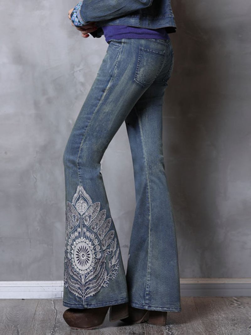 Jeans Flare Para Mulheres Cintura Média Bordada Vintage Sino Bottoms