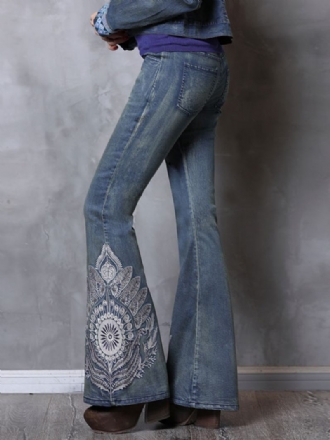 Jeans Flare Para Mulheres Cintura Média Bordada Vintage Sino Bottoms