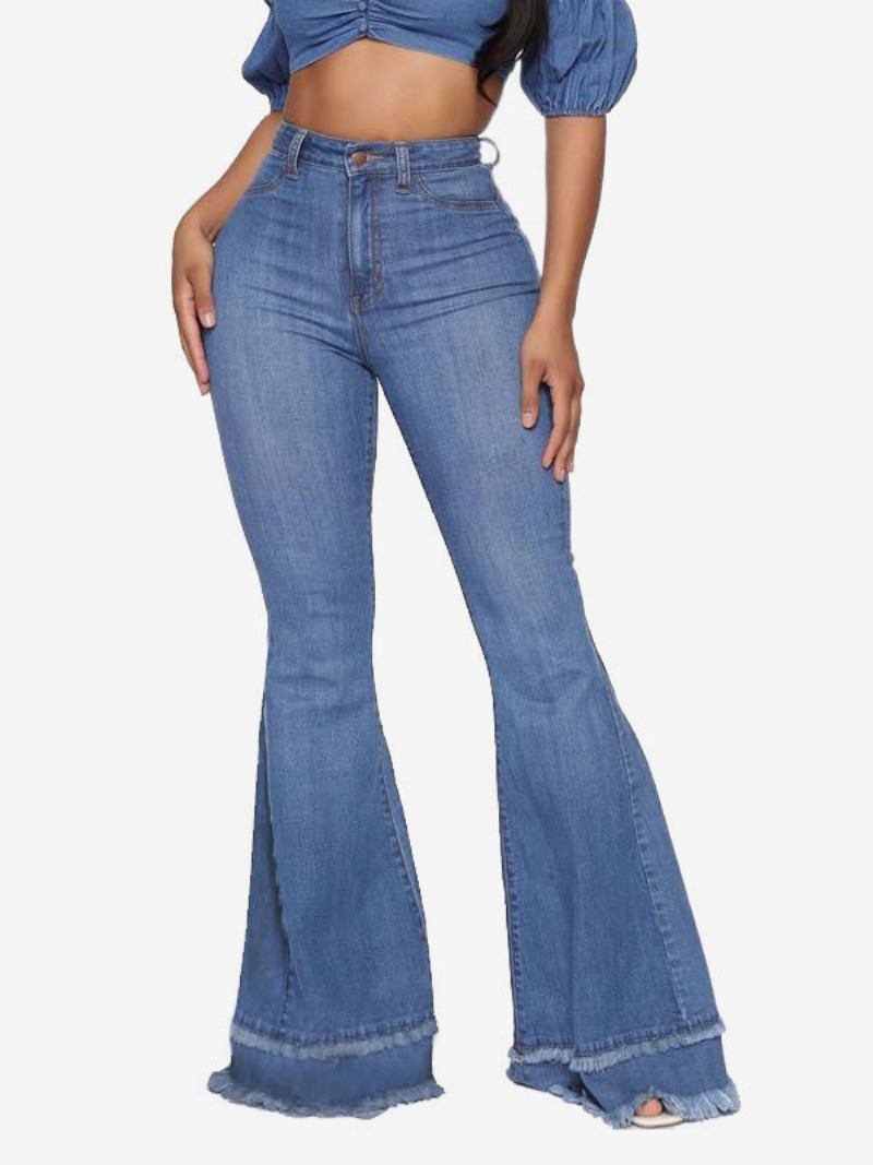 Jeans Flare Para Mulheres Com Borda Crua Algodão Primavera Sino Bottoms - Azul