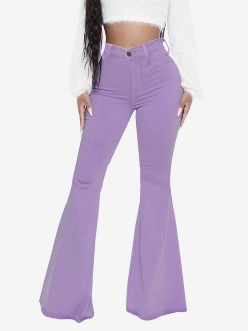 Jeans Flare Para Mulheres Com Borda Crua Cintura Alta Sino Bottoms - Roxo