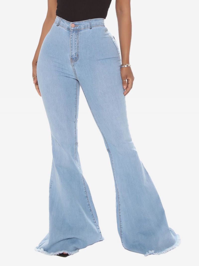 Jeans Flare Para Mulheres Com Borda Crua Cintura Alta Sino Bottoms - Azul Céu Claro