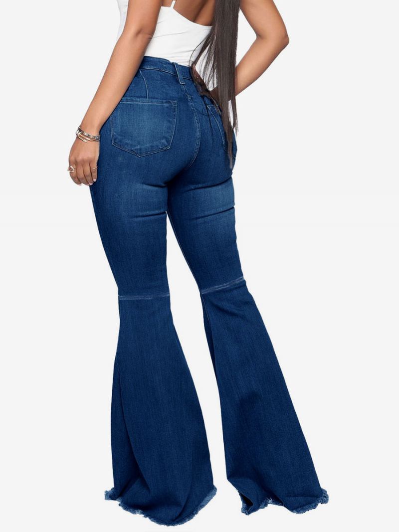 Jeans Flare Para Mulheres Com Borda Crua Cintura Alta Sino Bottoms - Azul Profundo