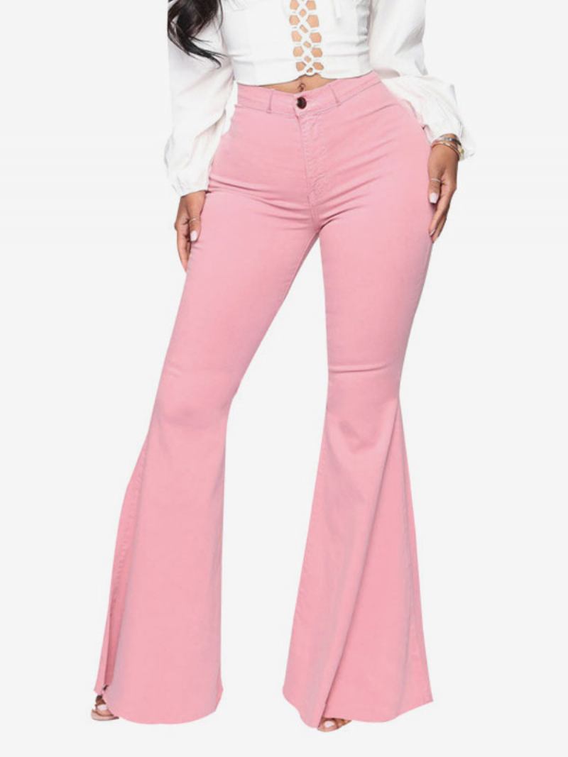 Jeans Flare Para Mulheres Com Borda Crua Cintura Alta Sino Bottoms - Rosa