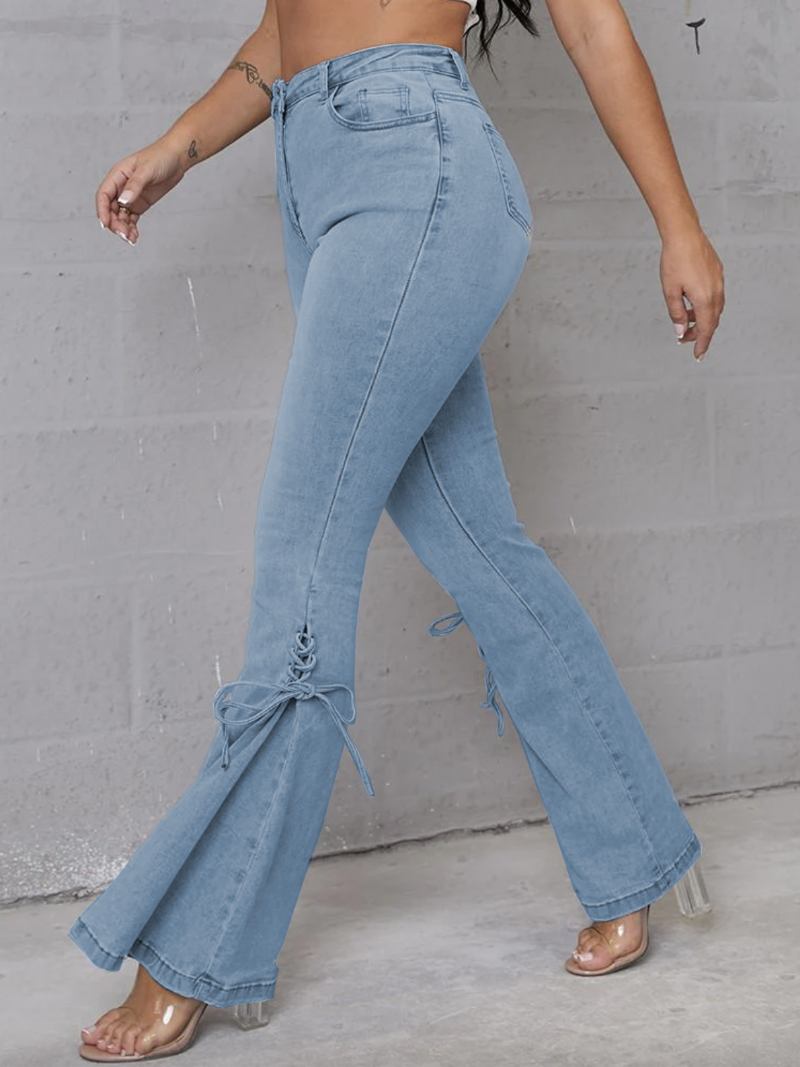 Jeans Flare Para Mulheres Com Renda E Cintura Média Sino Bottoms