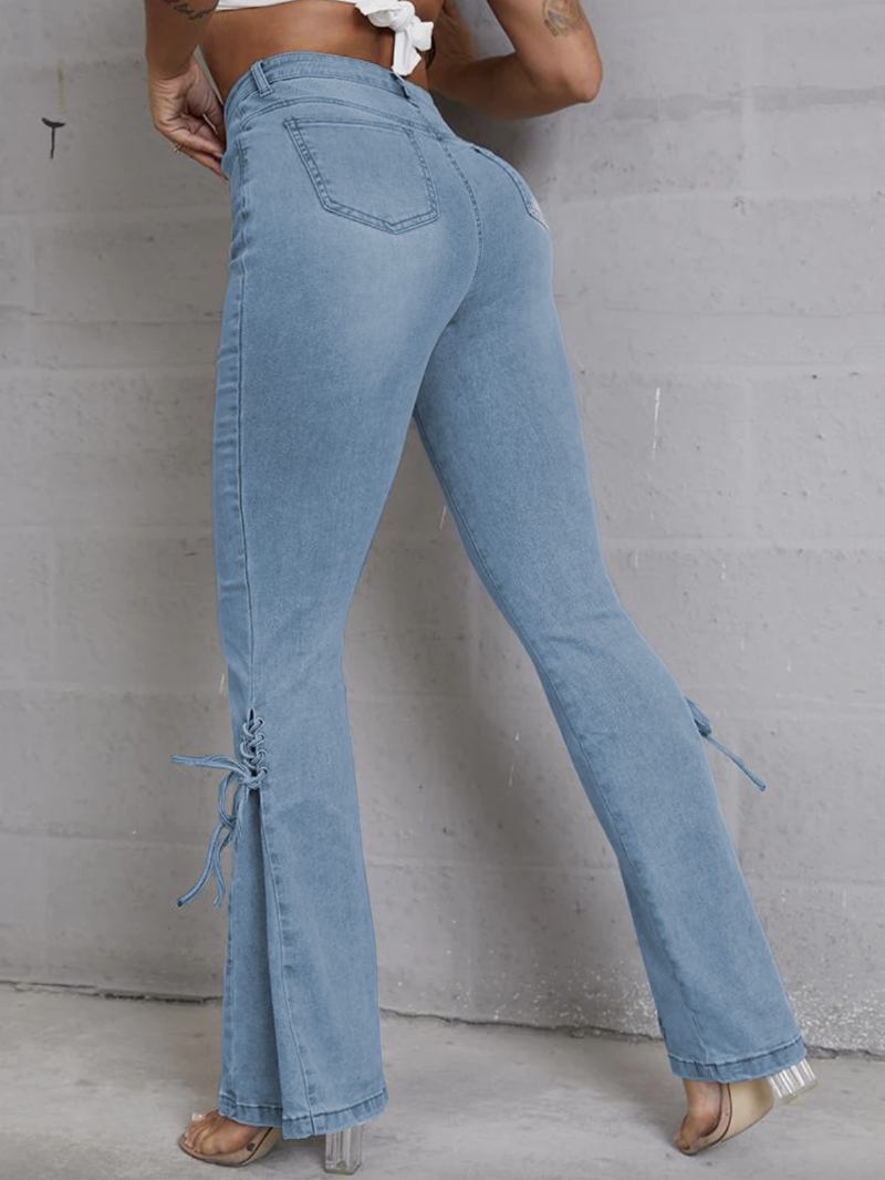 Jeans Flare Para Mulheres Com Renda E Cintura Média Sino Bottoms - Azul Céu Claro 