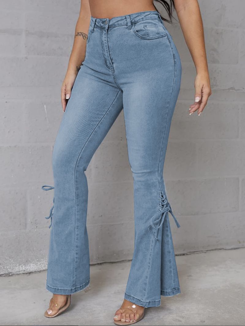 Jeans Flare Para Mulheres Com Renda E Cintura Média Sino Bottoms - Azul Céu Claro 