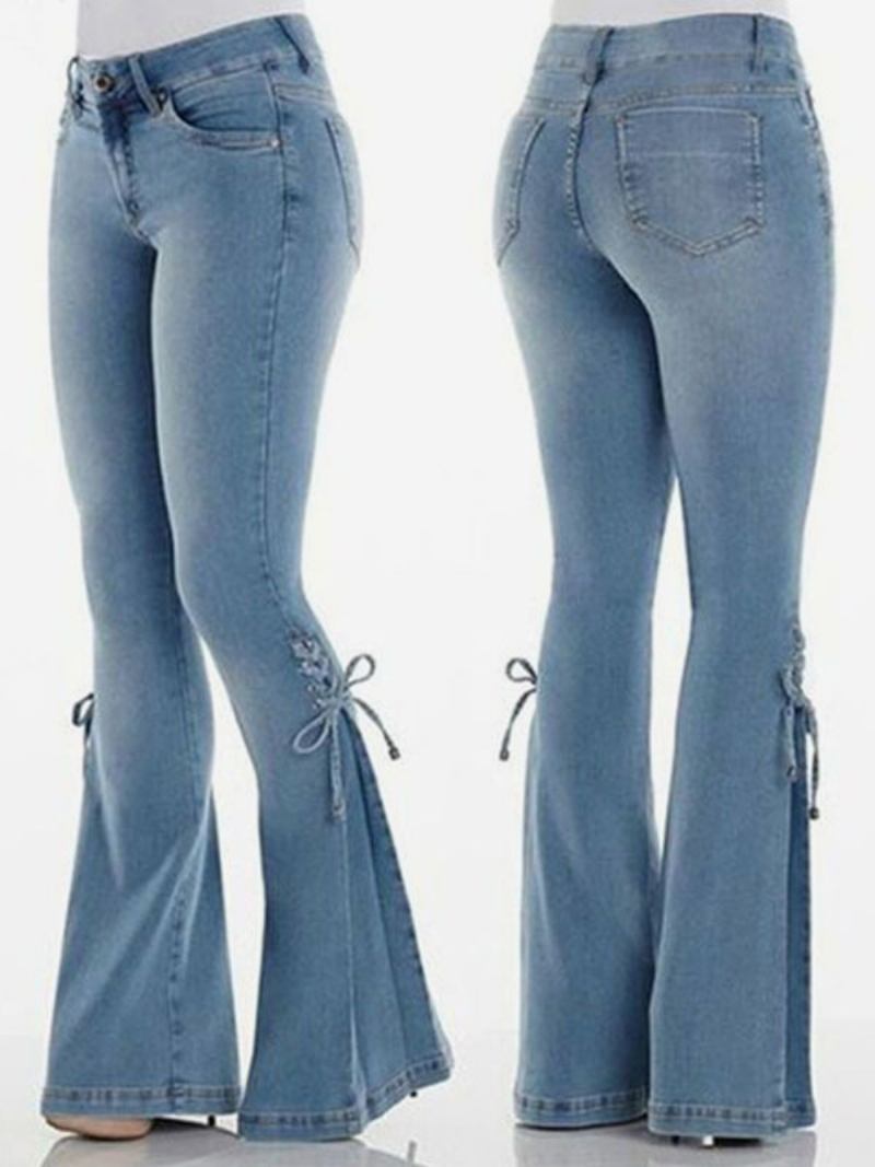 Jeans Flare Para Mulheres Com Renda E Cintura Média Sino Bottoms - Azul Céu Claro 