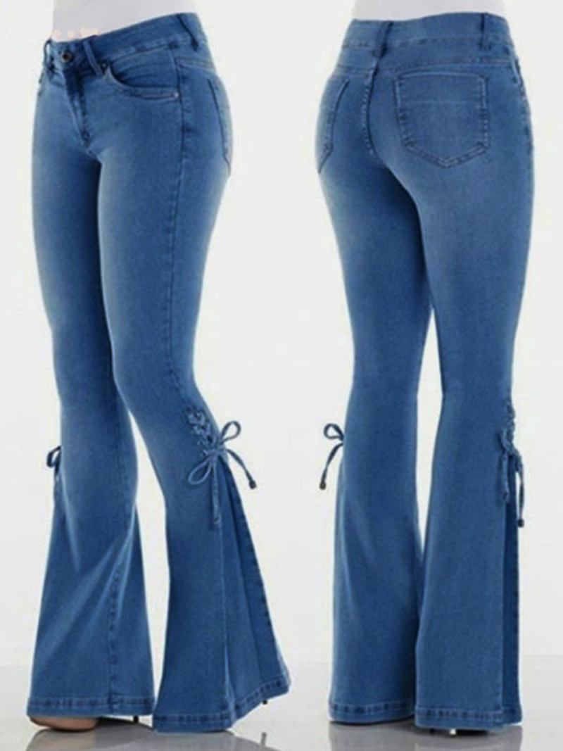 Jeans Flare Para Mulheres Com Renda E Cintura Média Sino Bottoms -  Azul Profundo 