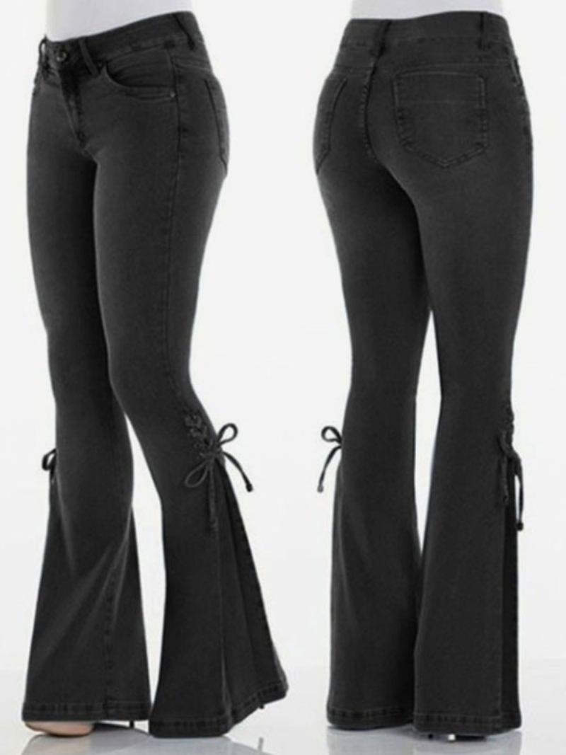 Jeans Flare Para Mulheres Com Renda E Cintura Média Sino Bottoms -  Preto