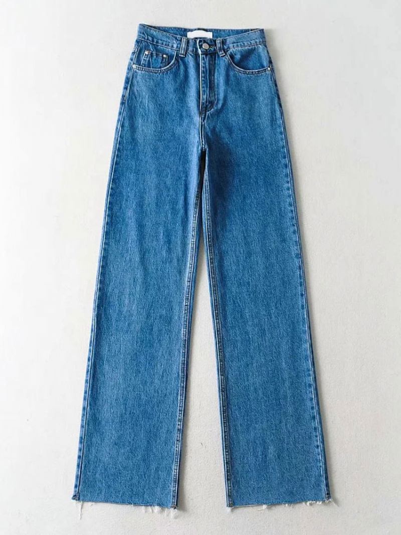 Jeans Para Mulheres Casual Zíper Levantado Botão Cintura Voar Calças Retas - Azul