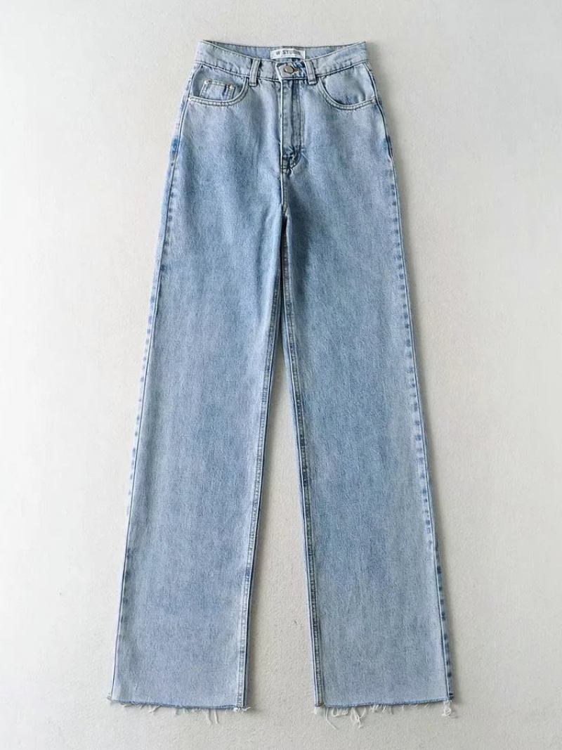 Jeans Para Mulheres Casual Zíper Levantado Botão Cintura Voar Calças Retas - Azul Bebê