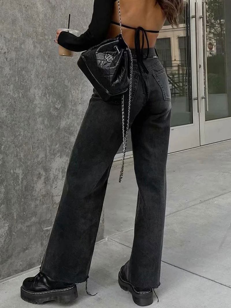 Jeans Para Mulheres Casual Zíper Levantado Botão Cintura Voar Calças Retas - Preto