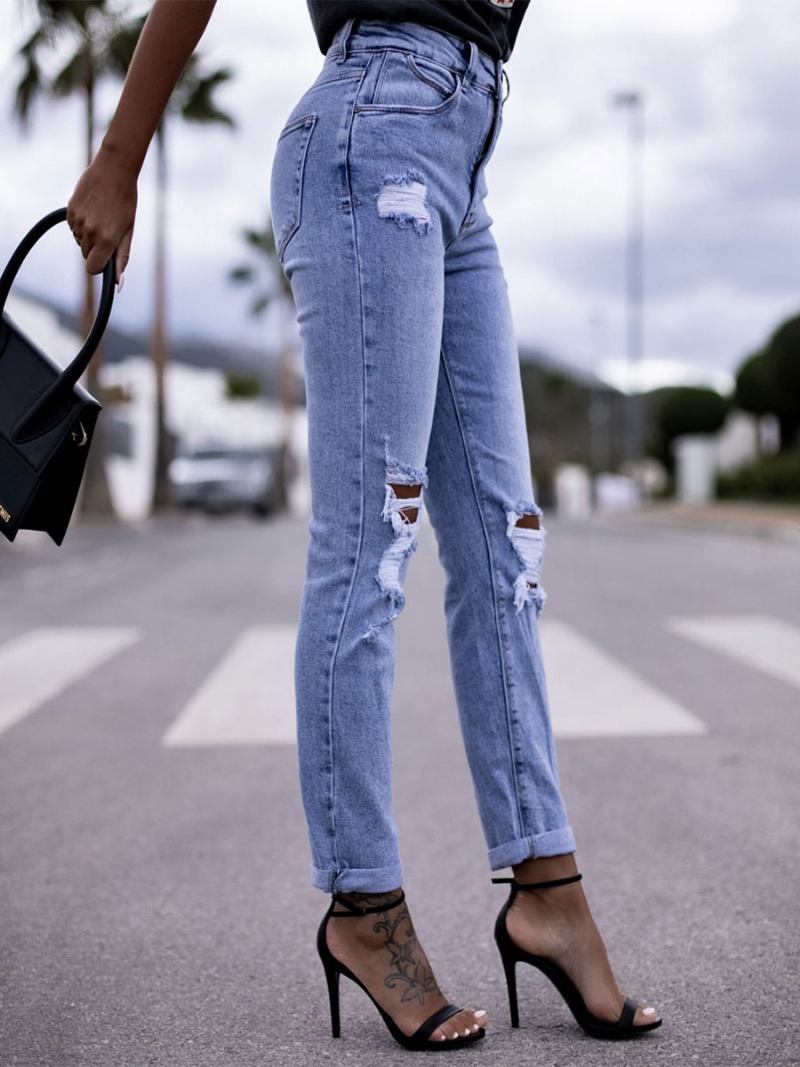 Jeans Rasgados Casual Cintura Alta Algodão Feminino Primavera Inferior - Azul Céu Claro