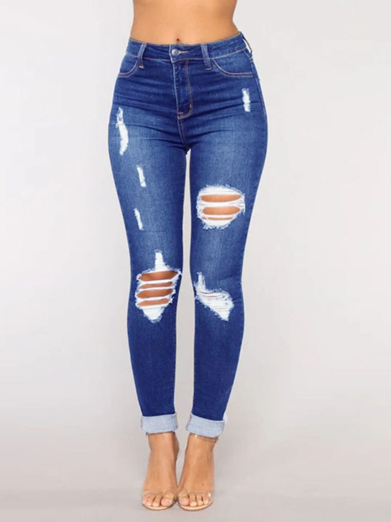 Jeans Rasgados Cintura Alta Casual Algodão Skinny Bottoms Para Mulheres