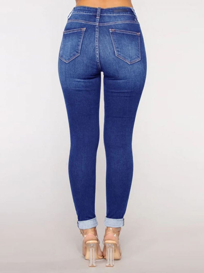 Jeans Rasgados Cintura Alta Casual Algodão Skinny Bottoms Para Mulheres - Azul