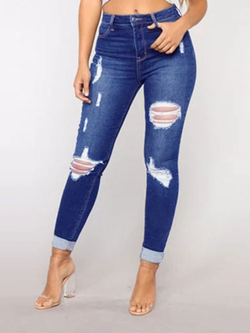 Jeans Rasgados Cintura Alta Casual Algodão Skinny Bottoms Para Mulheres - Azul