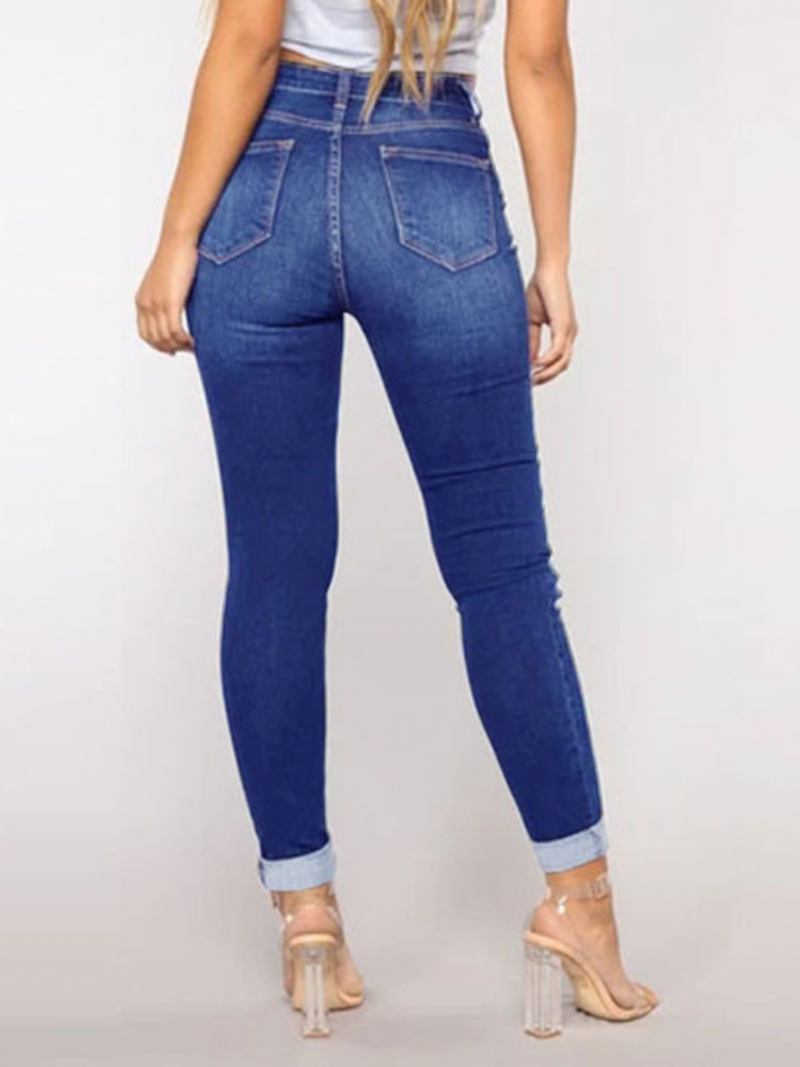 Jeans Rasgados Cintura Alta Casual Algodão Skinny Bottoms Para Mulheres - Azul