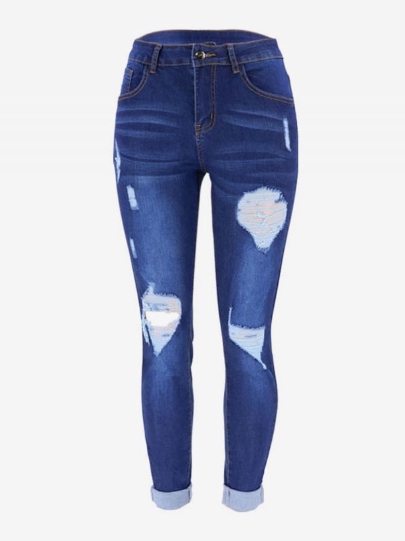 Jeans Rasgados Cintura Alta Casual Algodão Skinny Bottoms Para Mulheres - Azul