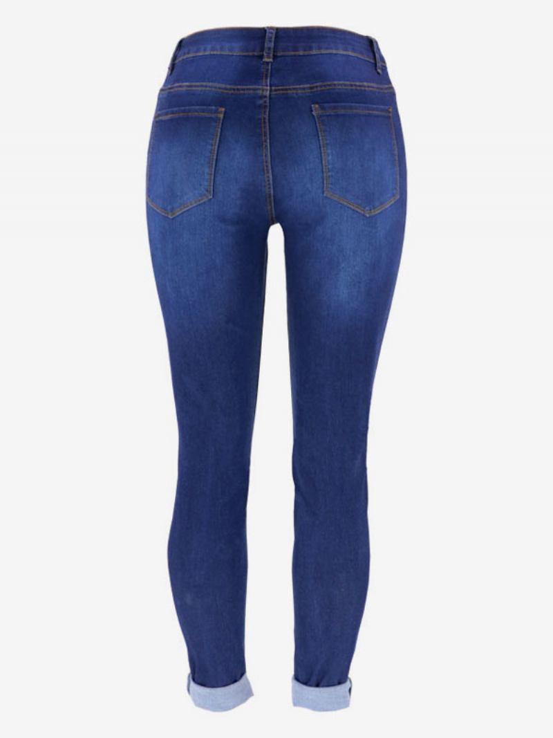 Jeans Rasgados Cintura Alta Casual Algodão Skinny Bottoms Para Mulheres - Azul