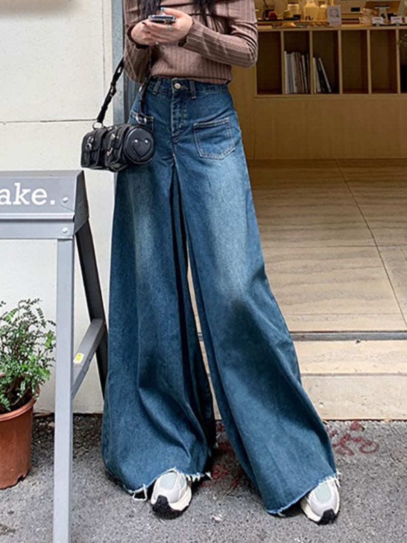 Jeans Retos Perna Larga Cintura Alta Primavera Bottoms Para Mulheres - Azul