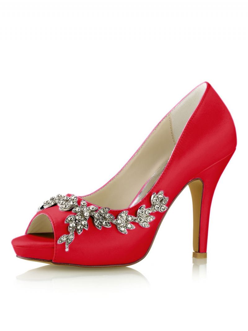 Bombas Casamento Femininas Com Plataforma Strass E Salto Agulha - Vermelho