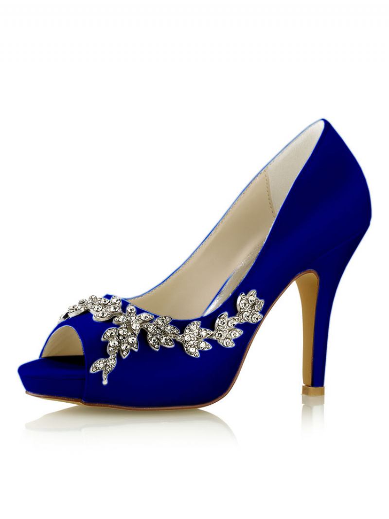 Bombas Casamento Femininas Com Plataforma Strass E Salto Agulha - Azul Profundo