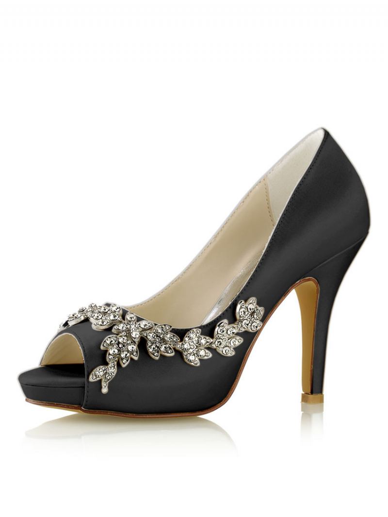 Bombas Casamento Femininas Com Plataforma Strass E Salto Agulha - Preto