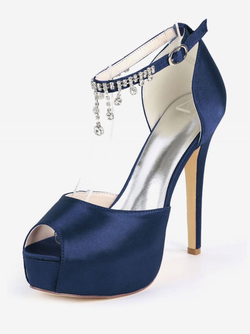 Bombas Noiva Com Plataforma Tira No Tornozelo Feminina Peep Toe Salto Agulha Em Cetim - Azul Profundo