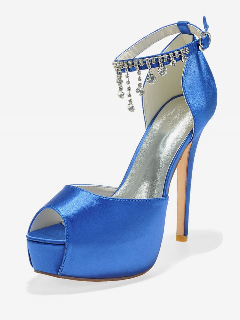 Bombas Noiva Com Plataforma Tira No Tornozelo Feminina Peep Toe Salto Agulha Em Cetim - Azul Real