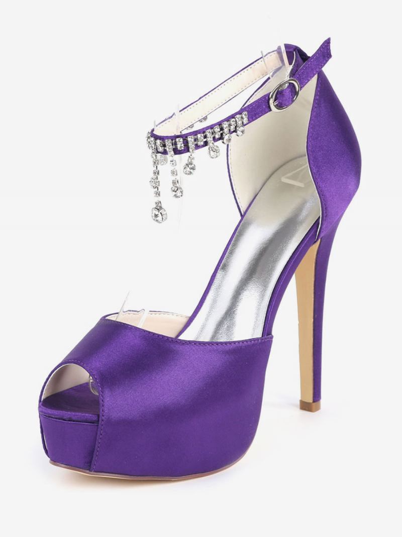 Bombas Noiva Com Plataforma Tira No Tornozelo Feminina Peep Toe Salto Agulha Em Cetim - Roxo Profundo