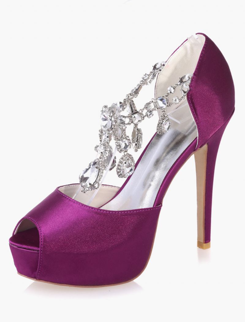 Bombas Noiva Femininas Com Plataforma Cristal E Salto Peep Toe - Roxo