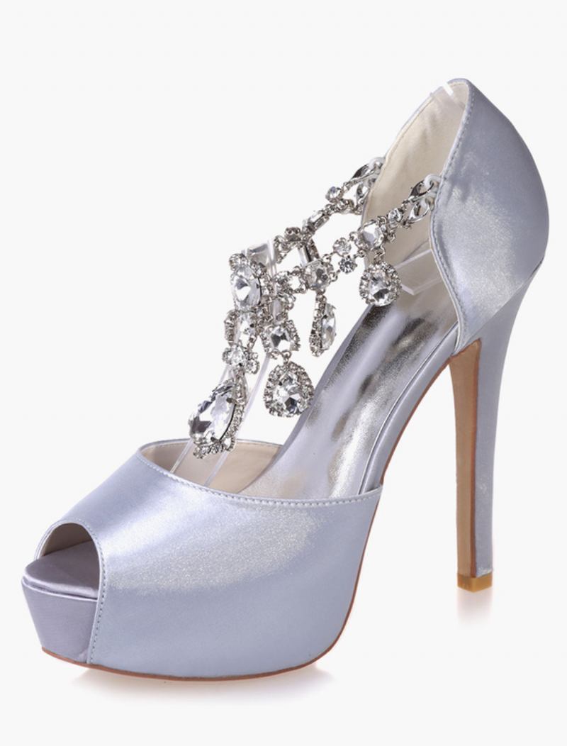 Bombas Noiva Femininas Com Plataforma Cristal E Salto Peep Toe - Prata