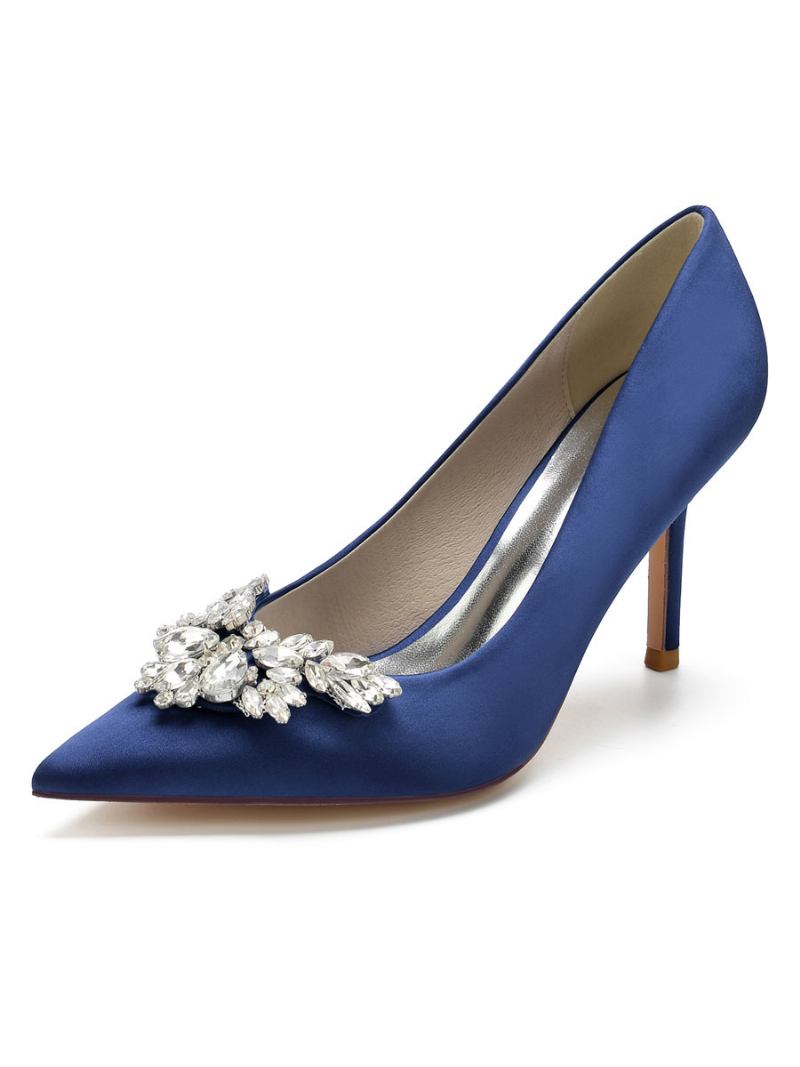 Bombas Noiva Femininas Com Strass Cetim E Salto Agulha - Azul Profundo