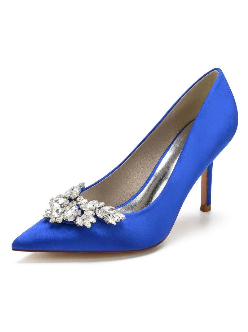 Bombas Noiva Femininas Com Strass Cetim E Salto Agulha - Azul Royal