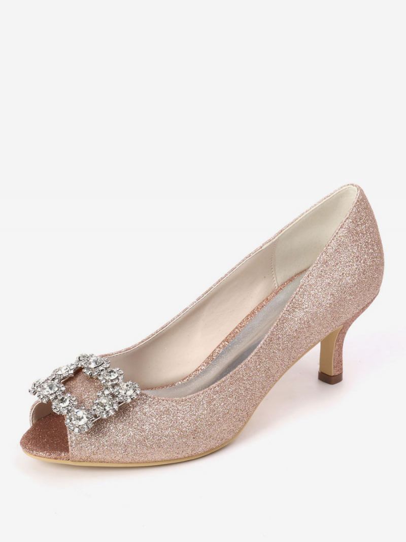 Bombas Noiva Femininas Com Strass E Salto Gatinho Peep Toe