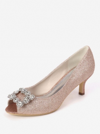 Bombas Noiva Femininas Com Strass E Salto Gatinho Peep Toe