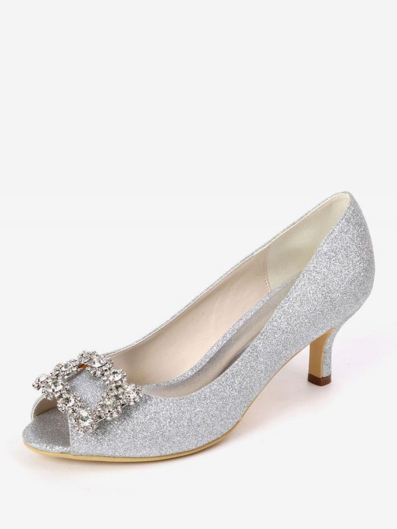 Bombas Noiva Femininas Com Strass E Salto Gatinho Peep Toe - Branco