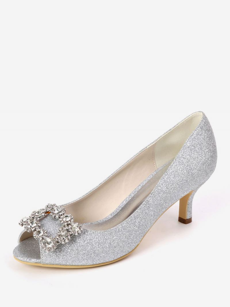 Bombas Noiva Femininas Com Strass E Salto Gatinho Peep Toe - Prata