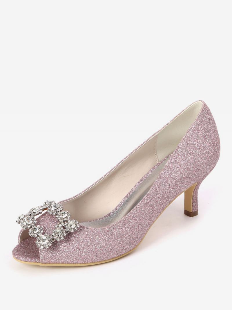 Bombas Noiva Femininas Com Strass E Salto Gatinho Peep Toe - Rosa Fúcsia