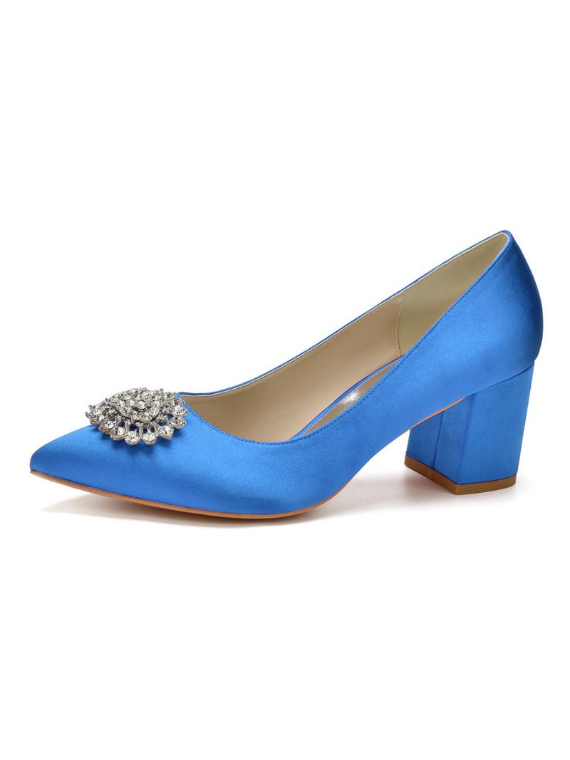 Bombas Noiva Femininas Salto Bloco Com Strass - Azul