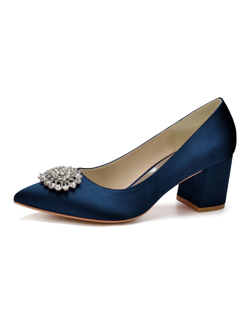 Bombas Noiva Femininas Salto Bloco Com Strass - Azul Profundo